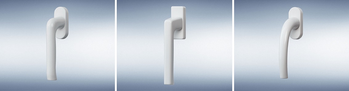 trzy warianty designu klamek okiennych Gretsch-Unitas o różnych kształtach do nowoczesnych systemów PCV