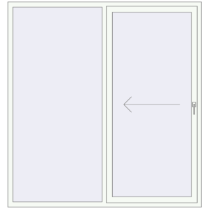 Plastic patio door 1900x2000 mm Double-leaf with left hand opening. View from inside Buy Sliding patio doors 1900x2000 mm REHAU SYNEGO SLIDE RAL 9016 Traffic white two-sided