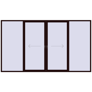 Plastic patio door 4000x2300 mm Four-leaf with central opening. View from inside Buy Sliding patio doors 4000x2300 mm PATIO DOOR REHAU BRILLANT DESIGN CHOCOLATE_BROWN two-sided