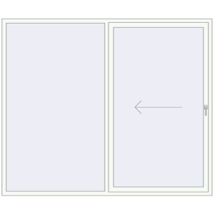 Drzwi plastikowe patio 2450x2060 mm Dwuskrzydłowe otwierane na lewą stronę. Widok od środka Zamów teraz Przesuwane drzwi tarasowe 2450x2060 mm REHAU SYNEGO SLIDE RAL 9016 Traffic white dwustronny