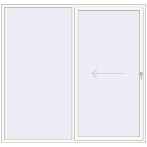 Drzwi plastikowe patio 2400x2300 mm Dwuskrzydłowe otwierane na lewą stronę. Widok od środka Zamów teraz Przesuwane drzwi tarasowe 2400x2300 mm REHAU SYNEGO SLIDE RAL 9016 Traffic white dwustronny