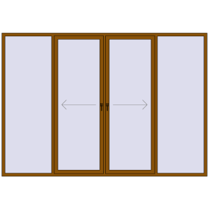 Drzwi plastikowe patio 3300x2300 mm Czteroskrzydłowe z centralnym otwieraniem. Widok od środka Zamów teraz Przesuwane drzwi tarasowe 3300x2300 mm PATIO DOOR REHAU SYNEGO GOLDEN OAK dwustronny