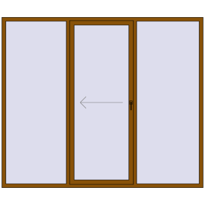 Plastic patio door 2600x2200 mm Triple-leaf with left hand opening. View from inside Buy Sliding patio doors 2600x2200 mm PATIO DOOR REHAU SYNEGO GOLDEN OAK two-sided