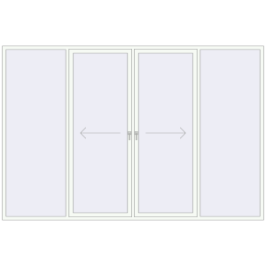 Drzwi plastikowe patio 3600x2400 mm Czteroskrzydłowe z centralnym otwieraniem. Widok od środka Zamów teraz Przesuwane drzwi tarasowe 3600x2400 mm PATIO DOOR REHAU SYNEGO RAL 9016 Traffic white dwustronny