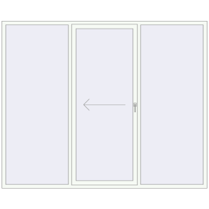 Drzwi plastikowe patio 2700x2200 mm Trzech skrzydłowe otwierane na lewą stronę. Widok od środka Zamów teraz Przesuwane drzwi tarasowe 2700x2200 mm PATIO DOOR REHAU BRILLANT DESIGN RAL 9016 Traffic white dwustronny