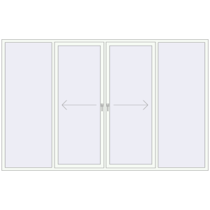 Drzwi plastikowe patio 3300x2100 mm Czteroskrzydłowe z centralnym otwieraniem. Widok od środka Zamów teraz Przesuwane drzwi tarasowe 3300x2100 mm PATIO DOOR REHAU BRILLANT DESIGN RAL 9016 Traffic white dwustronny