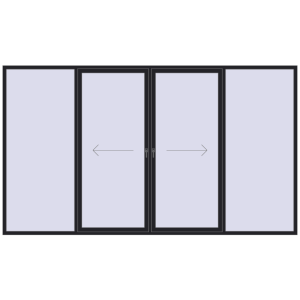 Plastic patio door 4000x2300 mm Four-leaf with central opening. View from inside Buy Sliding patio doors 4000x2300 mm PATIO DOOR REHAU BRILLANT DESIGN BLACK_ULTI-MATT two-sided