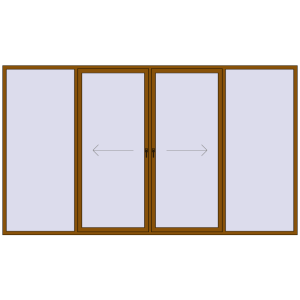 Drzwi plastikowe patio 4000x2300 mm Czteroskrzydłowe z centralnym otwieraniem. Widok od środka Zamów teraz Przesuwane drzwi tarasowe 4000x2300 mm PATIO DOOR REHAU SYNEGO GOLDEN OAK dwustronny