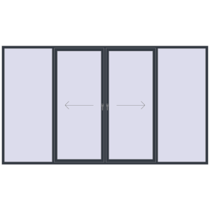 Drzwi plastikowe patio 4000x2300 mm Czteroskrzydłowe z centralnym otwieraniem. Widok od środka Zamów teraz Przesuwane drzwi tarasowe 4000x2300 mm PATIO DOOR REHAU SYNEGO ANTHRACITE_GREY_STRUKTURAL dwustronny