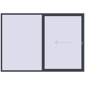 Drzwi plastikowe patio 3000x2100 mm Dwuskrzydłowe otwierane na lewą stronę. Widok od środka Zamów teraz Przesuwane drzwi tarasowe 3000x2100 mm REHAU GENEO HST ANTHRACITE_GREY_STRUKTURAL dwustronny