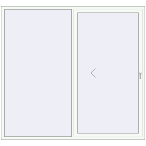Plastic patio door 2300x2140 mm Double-leaf with left hand opening. View from inside Buy Sliding patio doors 2300x2140 mm PATIO DOOR REHAU BRILLANT DESIGN RAL 9016 Traffic white two-sided