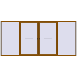 Plastic patio door 5000x2300 mm Four-leaf with central opening. View from inside Buy Sliding patio doors 5000x2300 mm PATIO DOOR REHAU SYNEGO GOLDEN OAK two-sided