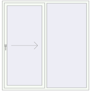 Drzwi plastikowe patio 1800x1850 mm Dwuskrzydłowe otwierane na prawą stronę. Widok od środka Zamów teraz Przesuwane drzwi tarasowe 1800x1850 mm PATIO DOOR REHAU BRILLANT DESIGN RAL 9016 Traffic white dwustronny