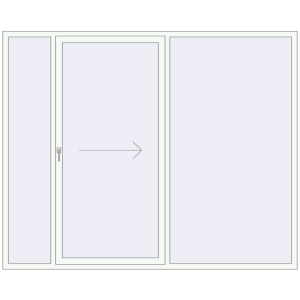 Drzwi plastikowe patio 2600x2100 mm Trzech skrzydłowe otwierane na prawą stronę. Widok od środka Zamów teraz Przesuwane drzwi tarasowe 2600x2100 mm PATIO DOOR REHAU SYNEGO RAL 9016 Traffic white dwustronny