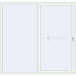 Drzwi plastikowe patio 2250x2170 mm Dwuskrzydłowe otwierane na lewą stronę. Widok od środka Zamów teraz Przesuwane drzwi tarasowe 2250x2170 mm PATIO DOOR REHAU SYNEGO RAL 9016 Traffic white dwustronny