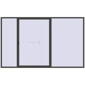 Drzwi plastikowe patio 3800x2300 mm Trzech skrzydłowe otwierane na prawą stronę. Widok od środka Zamów teraz Przesuwane drzwi tarasowe 3800x2300 mm PATIO DOOR REHAU SYNEGO BASALT_GREY dwustronny