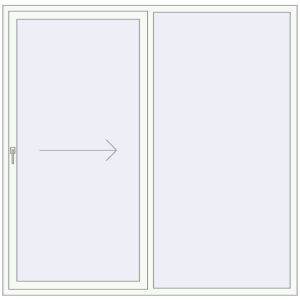 Drzwi plastikowe patio 2100x2070 mm Dwuskrzydłowe otwierane na prawą stronę. Widok od środka Zamów teraz Przesuwane drzwi tarasowe 2100x2070 mm PATIO DOOR REHAU BRILLANT DESIGN RAL 9016 Traffic white dwustronny