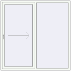 Drzwi plastikowe patio 1800x1800 mm Dwuskrzydłowe otwierane na prawą stronę. Widok od środka Zamów teraz Przesuwane drzwi tarasowe 1800x1800 mm PATIO DOOR REHAU BRILLANT DESIGN