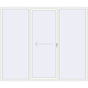 Drzwi plastikowe patio 2700x2300 mm Trzech skrzydłowe otwierane na lewą stronę. Widok od środka Zamów teraz Przesuwane drzwi tarasowe 2700x2300 mm PATIO DOOR REHAU BRILLANT DESIGN RAL 9016 Traffic white dwustronny