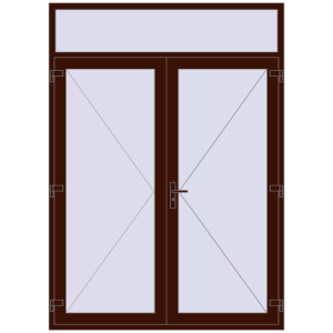 Drzwi zewnętrzne plastikowe 1800x2500 mm Z górnym okienkiem wentylacyjnym. Widok od środka Zamów teraz Drzwi zewnętrzne 1800x2500 mm DOOR KORSA OPTIMUM REHAU BRILLANT BLACK_CHERRY dwustronny