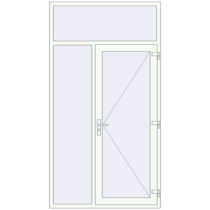 Drzwi zewnętrzne plastikowe 1400x2600 mm Z lewym panelem bocznym i naświetlem. Widok od środka Zamów teraz Drzwi zewnętrzne 1400x2600 mm DOOR KORSA OPTIMUM REHAU BRILLANT RAL 9016 Traffic white dwustronny
