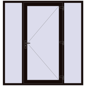 Drzwi zewnętrzne plastikowe 2000x2100 mm Z dwoma panelami bocznymi. Widok od środka Zamów teraz Drzwi zewnętrzne 2000x2100 mm DOOR KORSA OPTIMUM REHAU BRILLANT BLACK_BROWN dwustronny