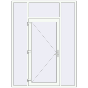 Drzwi zewnętrzne plastikowe 1800x2400 mm Z dwoma bocznymi panelami i witrażem. Widok od środka Zamów teraz Drzwi zewnętrzne 1800x2400 mm DOOR KORSA OPTIMUM REHAU BRILLANT RAL 9016 Traffic white dwustronny