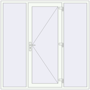 Drzwi zewnętrzne plastikowe 2000x2000 mm Z dwoma panelami bocznymi. Widok od środka Zamów teraz Drzwi zewnętrzne 2000x2000 mm DOOR KORSA OPTIMUM REHAU BRILLANT RAL 9016 Traffic white dwustronny