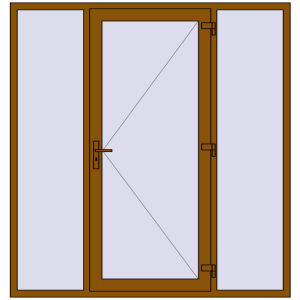 Drzwi zewnętrzne plastikowe 2000x2100 mm z dwoma panelami bocznymi. Widok od zewnątrz Zamów teraz Drzwi zewnętrzne 2000x2100 mm DOOR KORSA OPTIMUM REHAU BRILLANT GOLDEN OAK zewnętrzny