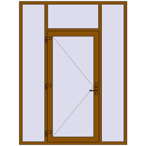 Drzwi zewnętrzne plastikowe 1800x2400 mm Z dwoma bocznymi panelami i witrażem. Widok od środka Zamów teraz Drzwi zewnętrzne 1800x2400 mm DOOR KORSA OPTIMUM REHAU BRILLANT GOLDEN OAK dwustronny