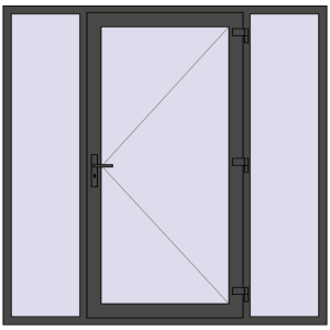Drzwi zewnętrzne plastikowe 2000x1970 mm Z dwoma panelami bocznymi. Widok od zewnątrz Zamów teraz Drzwi zewnętrzne 2000x1970 mm DOOR KORSA OPTIMUM REHAU BRILLANT BASALT_GREY zewnętrzny