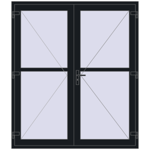 Drzwi plastikowe 1770x2050 mm Dwuskrzydłowe ze słupkiem. Widok od środka Zamów teraz Drzwi wewnętrzne 1770x2050 mm REHAU BASE 60 TERRACE (Т94) BLACK_COOL_110L-2 dwustronny