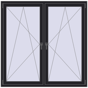 Okno plastikowe 1590x1565 mm Dwuskrzydłowe. Widok od środka Zamów teraz Okna skrzydłowe 1590x1565 mm REHAU ENERGY-SAVING SYNEGO MD BLACK_ULTI-MATT dwustronny
