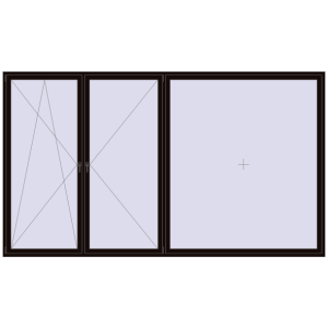 Okno plastikowe 4000x2300 mm Trójskrzydłowy. Widok od środka Zamów teraz Okna skrzydłowe 4000x2300 mm REHAU OPTIMUM EURO-DESIGN 70 BLACK_BROWN dwustronny