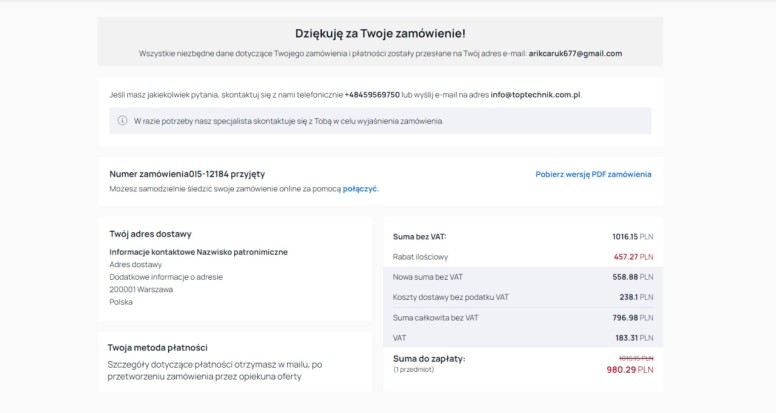 Obliczenie kosztu okna - zamówienie jest składane