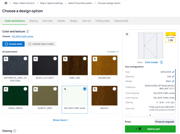 calculation of the door price - selection of the profile system